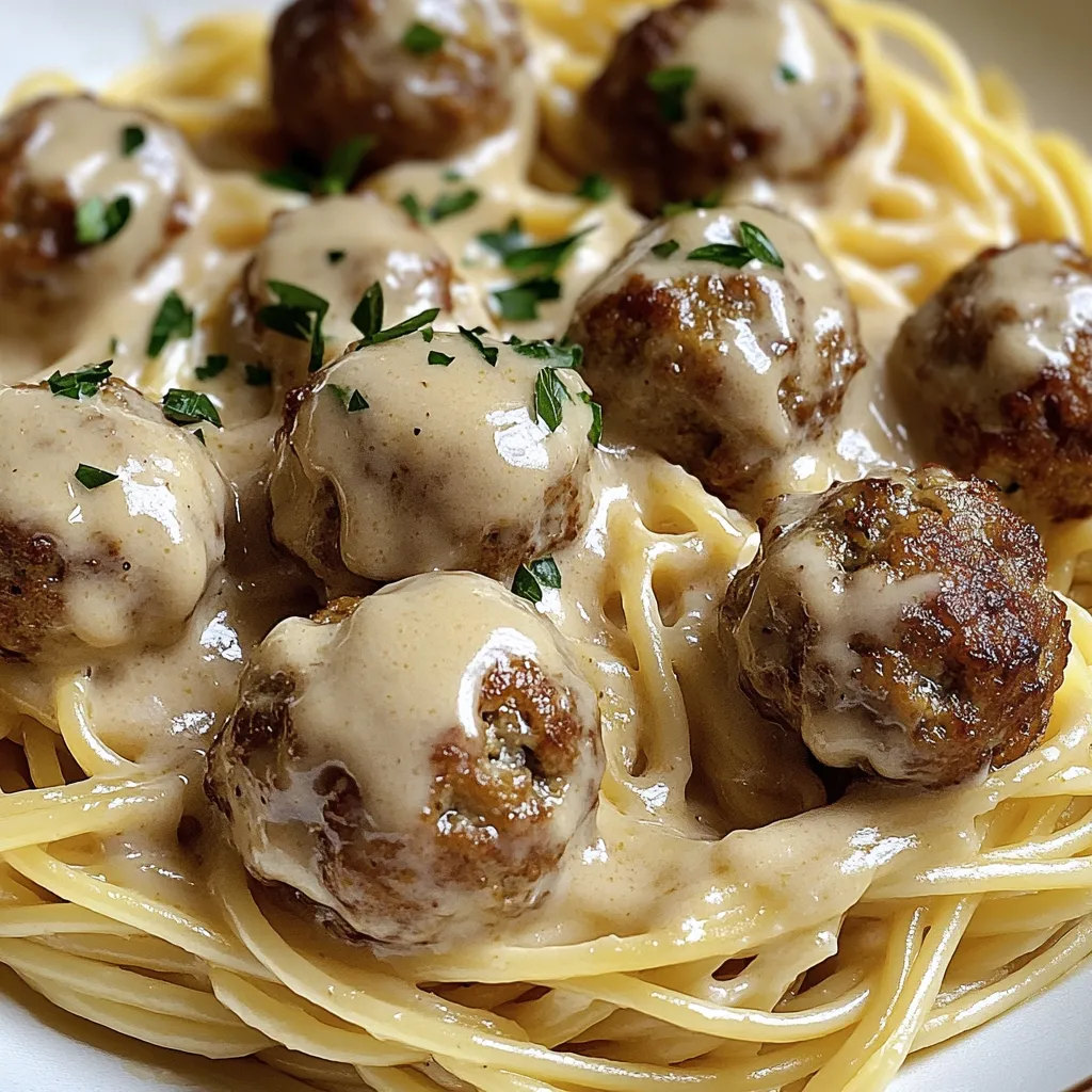Easy Garlic Butter Meatballs served over creamy Parmesan linguine