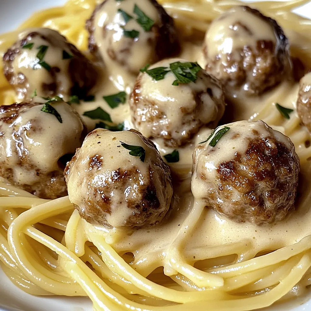 Garlic Butter Meatballs served over creamy Parmesan linguine