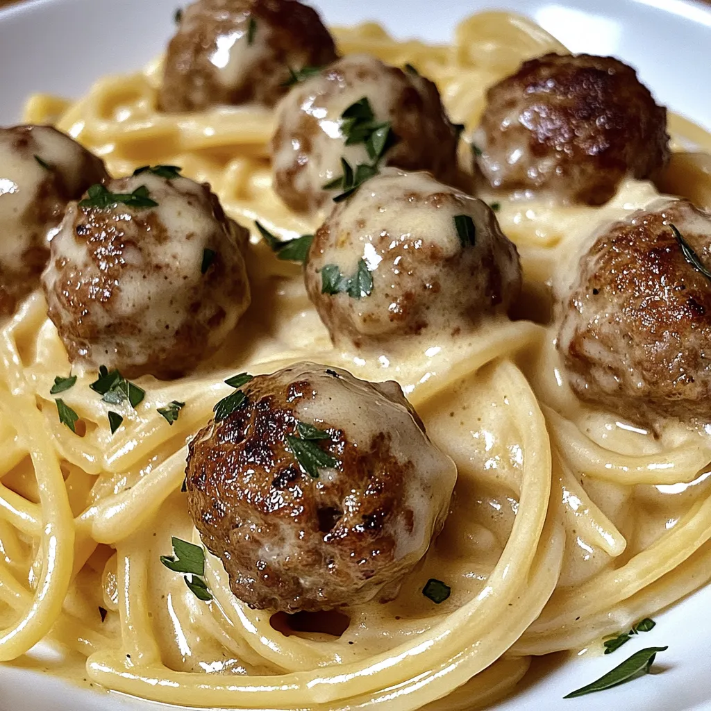 Garlic Butter Meatballs served over creamy Parmesan linguine Recipe